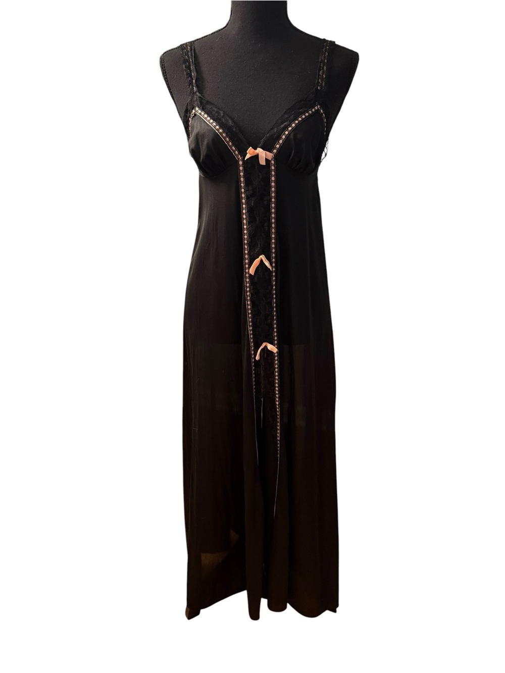 Vtg USA Union Maidenform Dreamwear Black Pink Maxi Slip-Dress Plunge Neck Slit